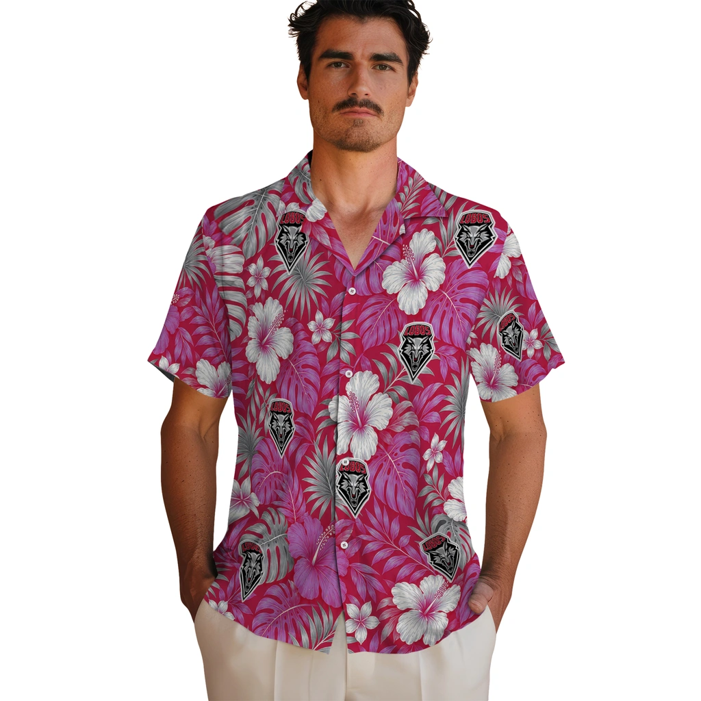 new-mexico-lobos-hawaiian-shirt-customized-hibiscus-monstera-red-fashion-forward.webp