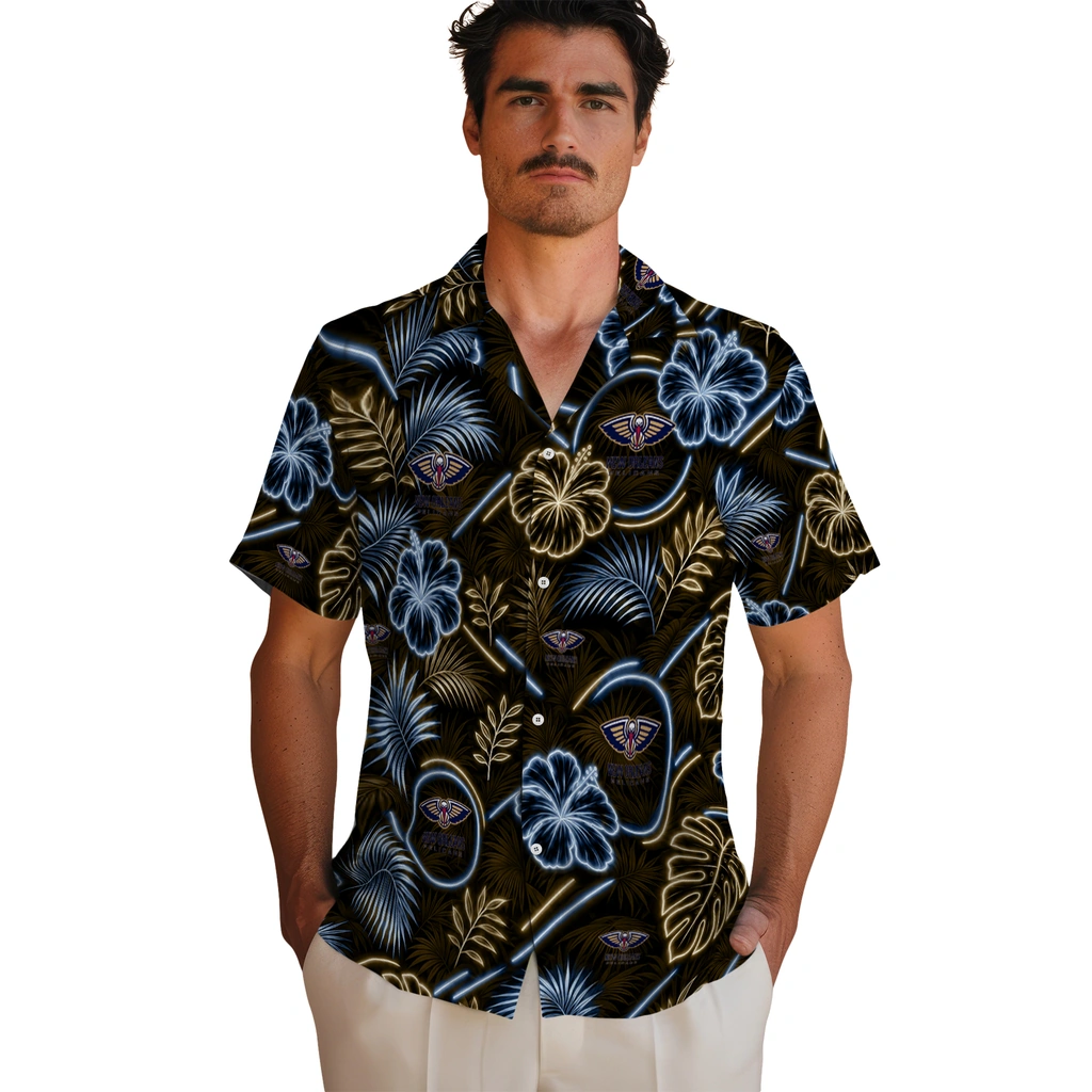 new-orleans-pelicans-hawaiian-shirt-custom-neon-florals-black-fashion-forward.webp