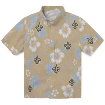 New Orleans Saints Hawaiian Shirt - Hibiscus Monstera Gold