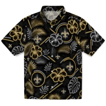 New Orleans Saints Hawaiian Shirt - Neon Florals Black