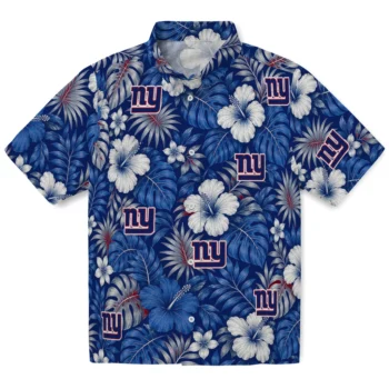 New York Giants Hawaiian Shirt - Hibiscus Monstera Blue