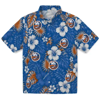 New York Islanders Hawaiian Shirt - Hibiscus Monstera Blue