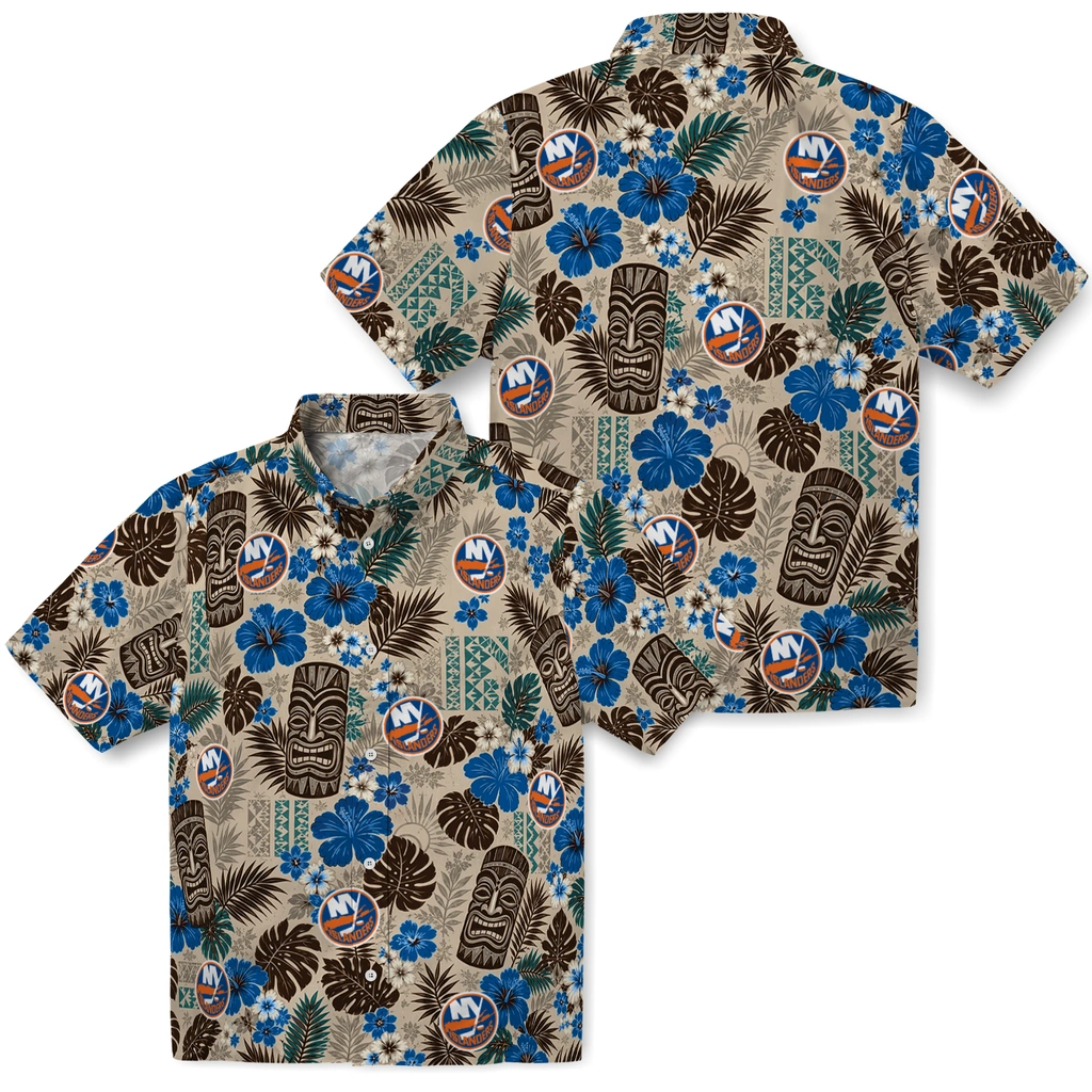 new-york-islanders-hawaiian-shirt-customized-tiki-masks-warm-beige-high-quality.webp