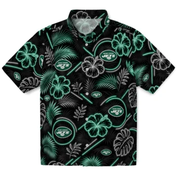 New York Jets Hawaiian Shirt - Neon Florals Black