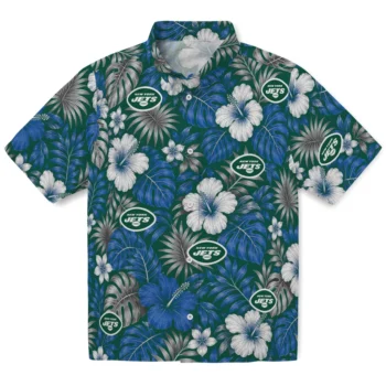 New York Jets Hawaiian Shirt - Hibiscus Monstera Green