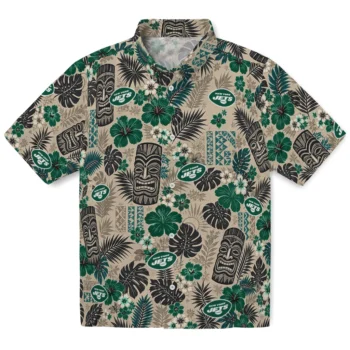 New York Jets Hawaiian Shirt - Tiki Masks Warm Beige