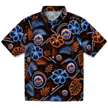 New York Mets Hawaiian Shirt - Neon Florals Black