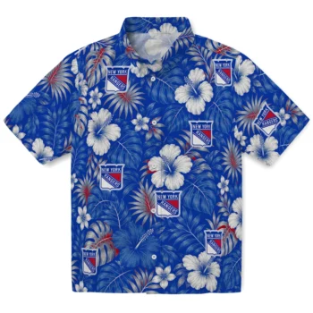 New York Rangers Hawaiian Shirt - Hibiscus Monstera Blue