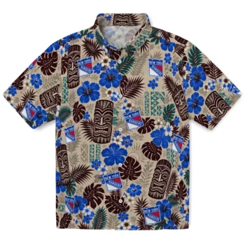 New York Rangers Hawaiian Shirt - Tiki Masks Warm Beige