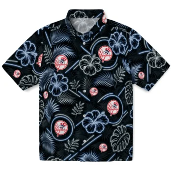 New York Yankees Hawaiian Shirt - Neon Florals Black