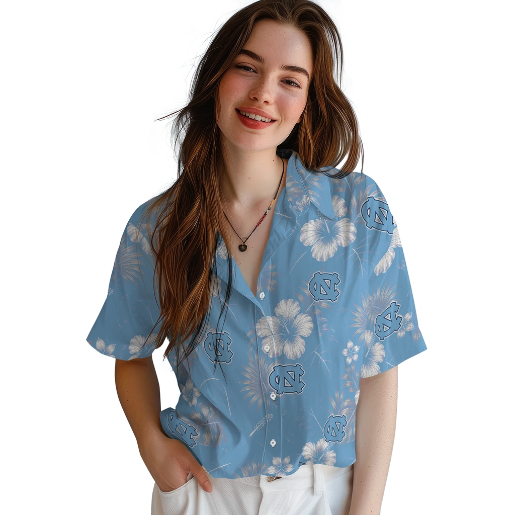 north-carolina-tar-heels-hawaiian-shirt-custom-hibiscus-monstera-light-blue-latest-model.webp