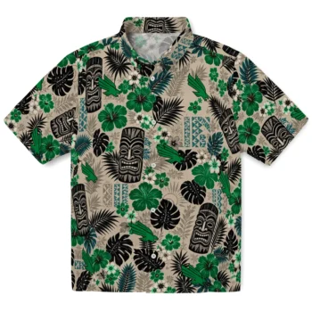 North Texas Mean Green Hawaiian Shirt - Tiki Masks Warm Beige