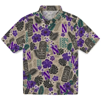 Northwestern Wildcats Hawaiian Shirt - Tiki Masks Warm Beige