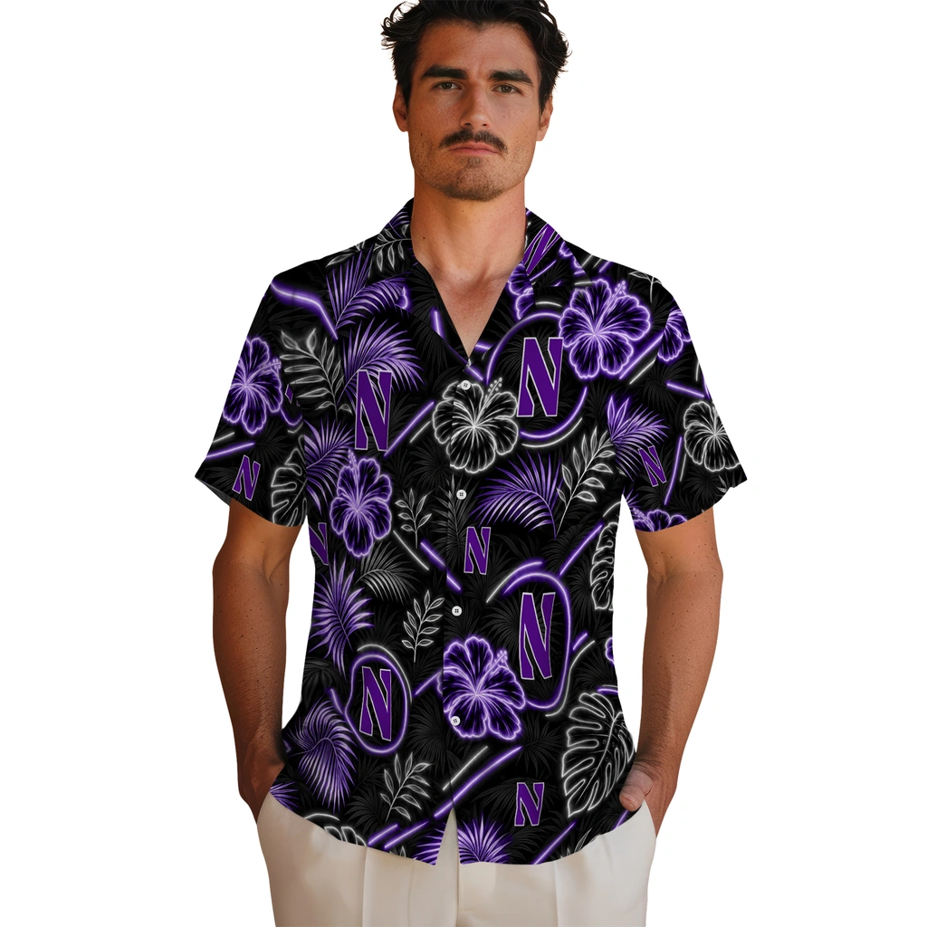 northwestern-wildcats-hawaiian-shirt-personalized-neon-florals-black-fashion-forward.webp