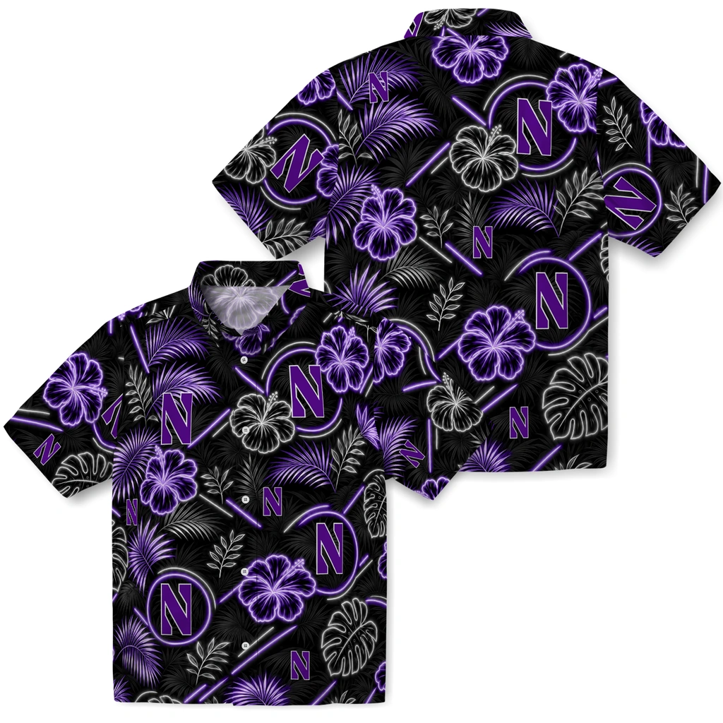 northwestern-wildcats-hawaiian-shirt-personalized-neon-florals-black-high-quality.webp
