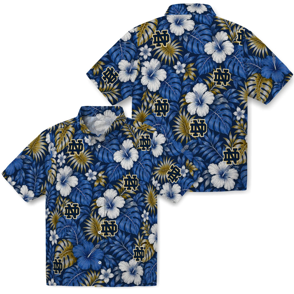 notre-dame-fighting-irish-hawaiian-shirt-customized-hibiscus-monstera-navy-high-quality.webp