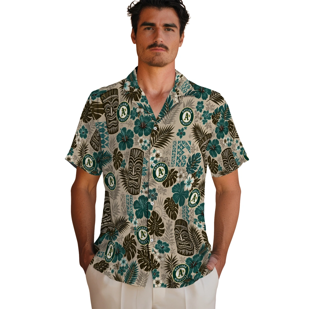 oakland-athletics-hawaiian-shirt-custom-tiki-masks-warm-beige-fashion-forward.webp