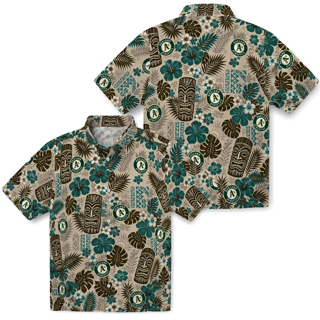 oakland-athletics-hawaiian-shirt-custom-tiki-masks-warm-beige-high-quality.webp
