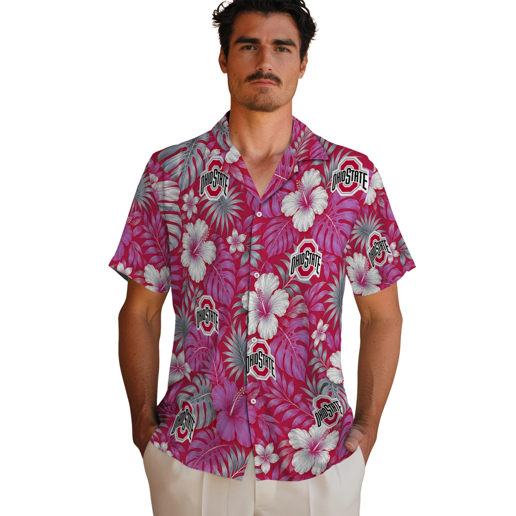 ohio-state-buckeyes-hawaiian-shirt-personalized-hibiscus-monstera-scarlet-fashion-forward.webp