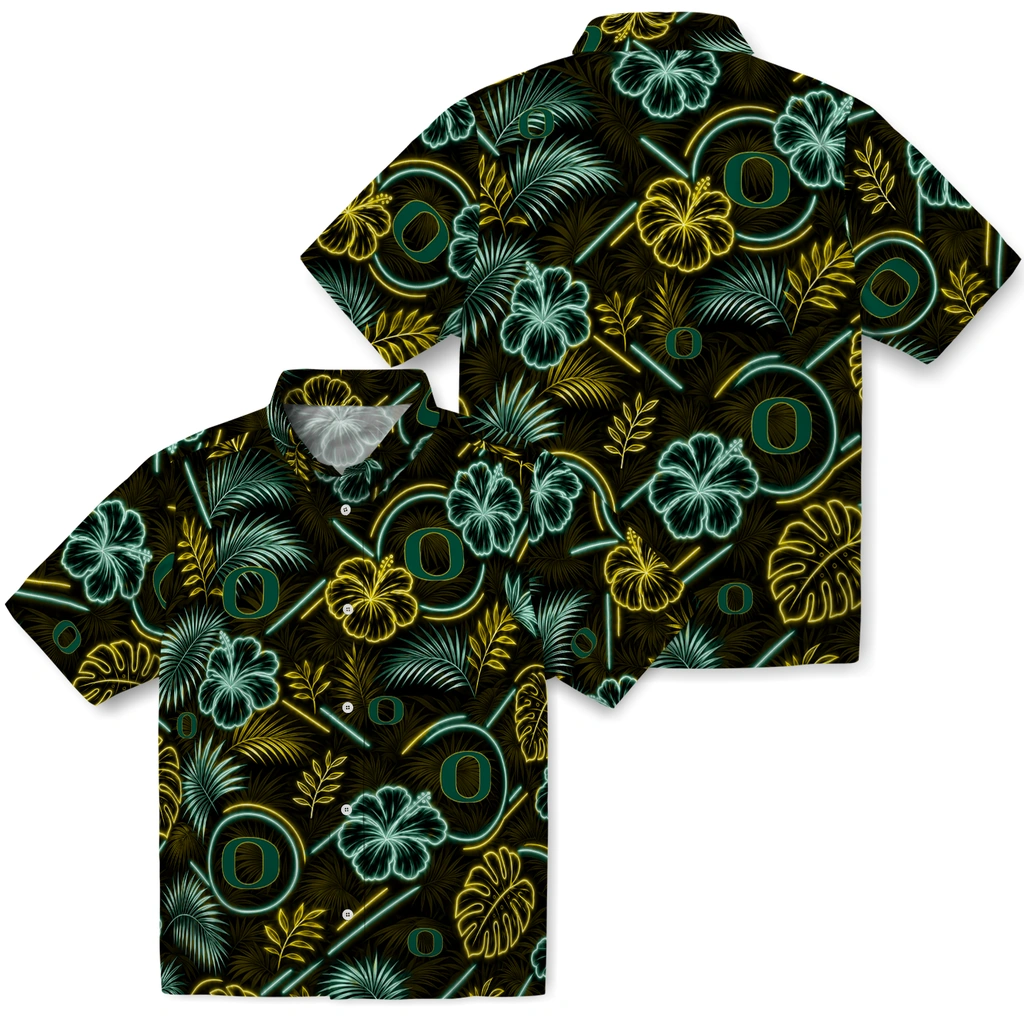 oregon-ducks-hawaiian-shirt-customized-neon-florals-black-high-quality.webp