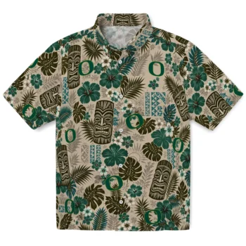 Oregon Ducks Hawaiian Shirt - Tiki Masks Warm Beige