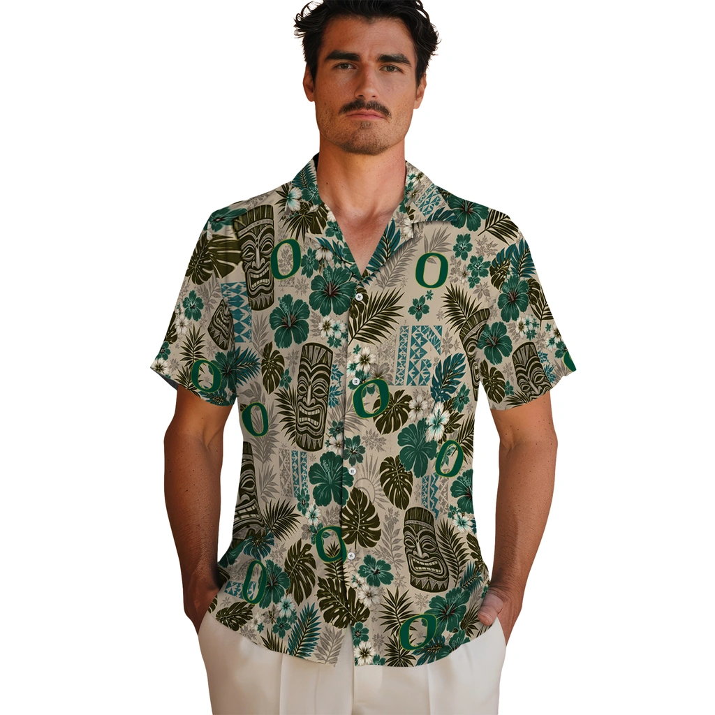 oregon-ducks-hawaiian-shirt-personalized-tiki-masks-warm-beige-fashion-forward.webp