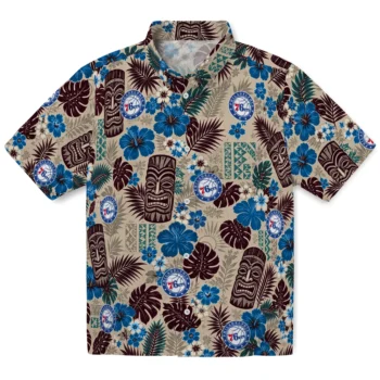 Philadelphia 76ers Hawaiian Shirt - Tiki Masks Warm Beige