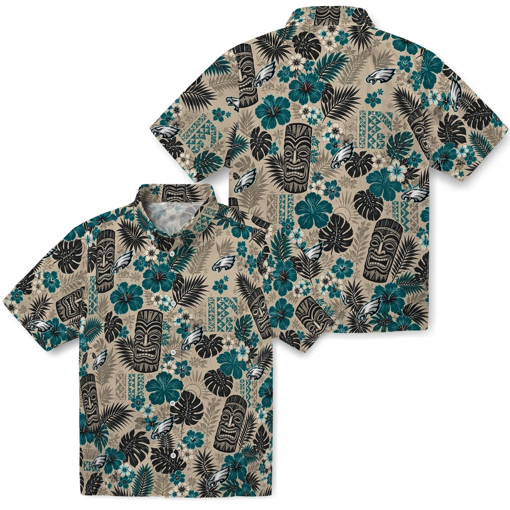 philadelphia-eagles-hawaiian-shirt-custom-tiki-masks-warm-beige-high-quality.webp