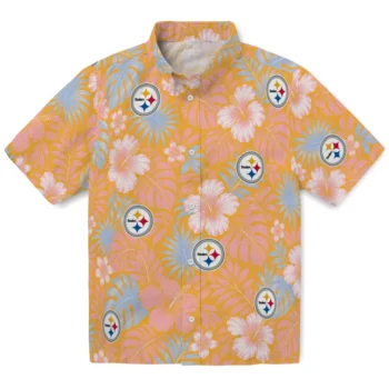 Pittsburgh Steelers Hawaiian Shirt - Hibiscus Monstera Gold