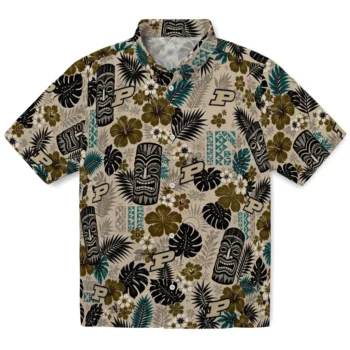 Purdue Boilermakers Hawaiian Shirt - Tiki Masks Warm Beige