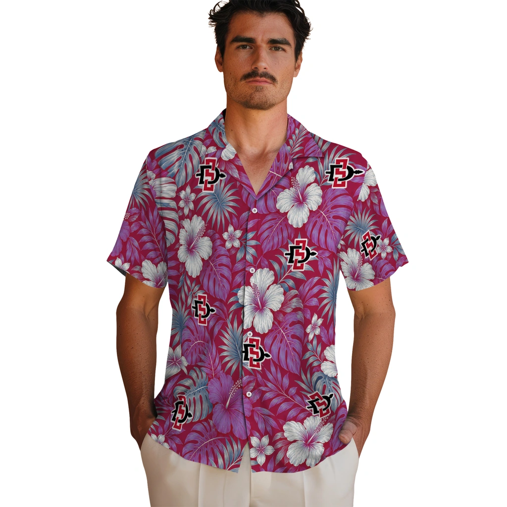 san-diego-state-aztecs-hawaiian-shirt-personalized-hibiscus-monstera-red-fashion-forward.webp