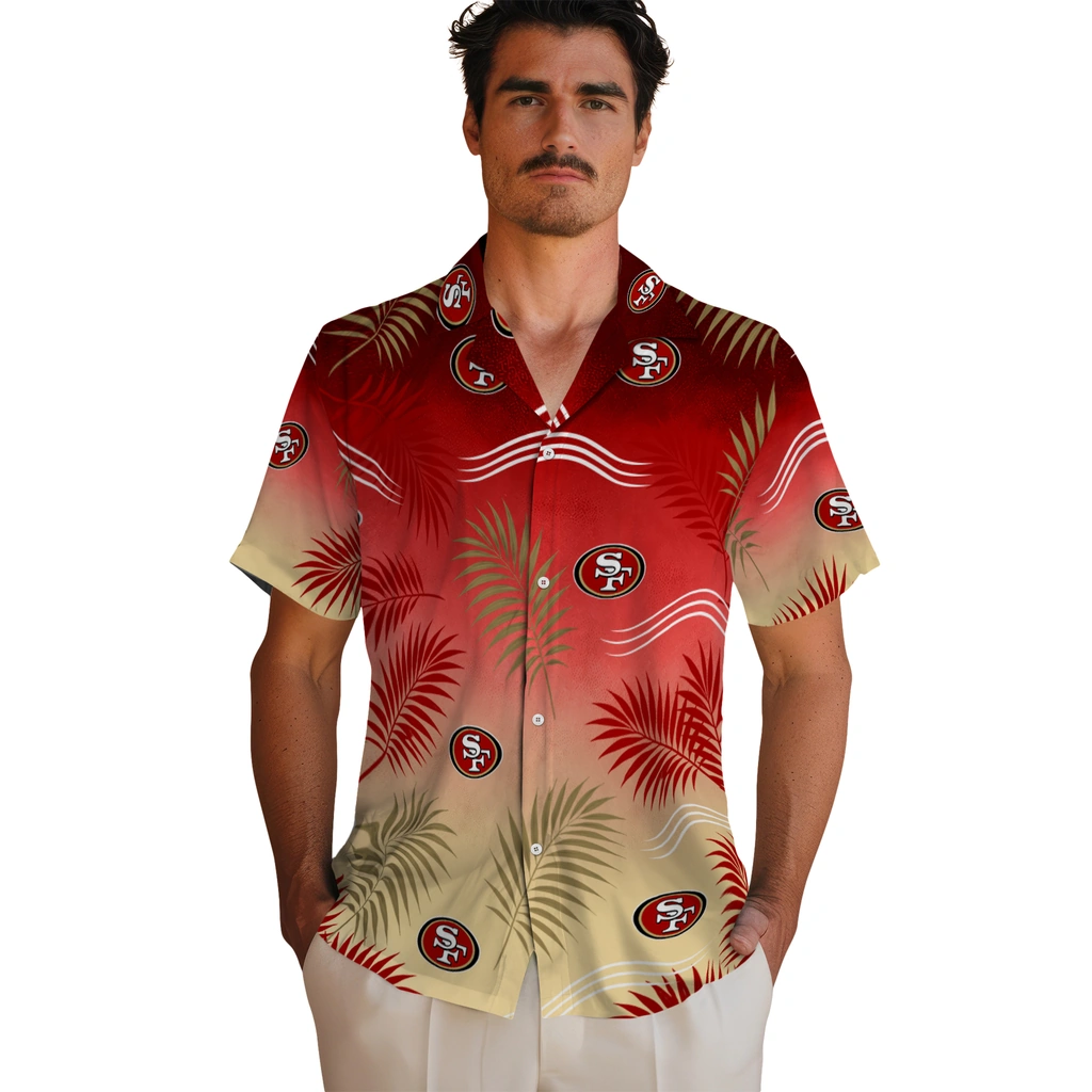 san-francisco-49ers-hawaiian-shirt-customized-ombre-fronds-red-fashion-forward.webp