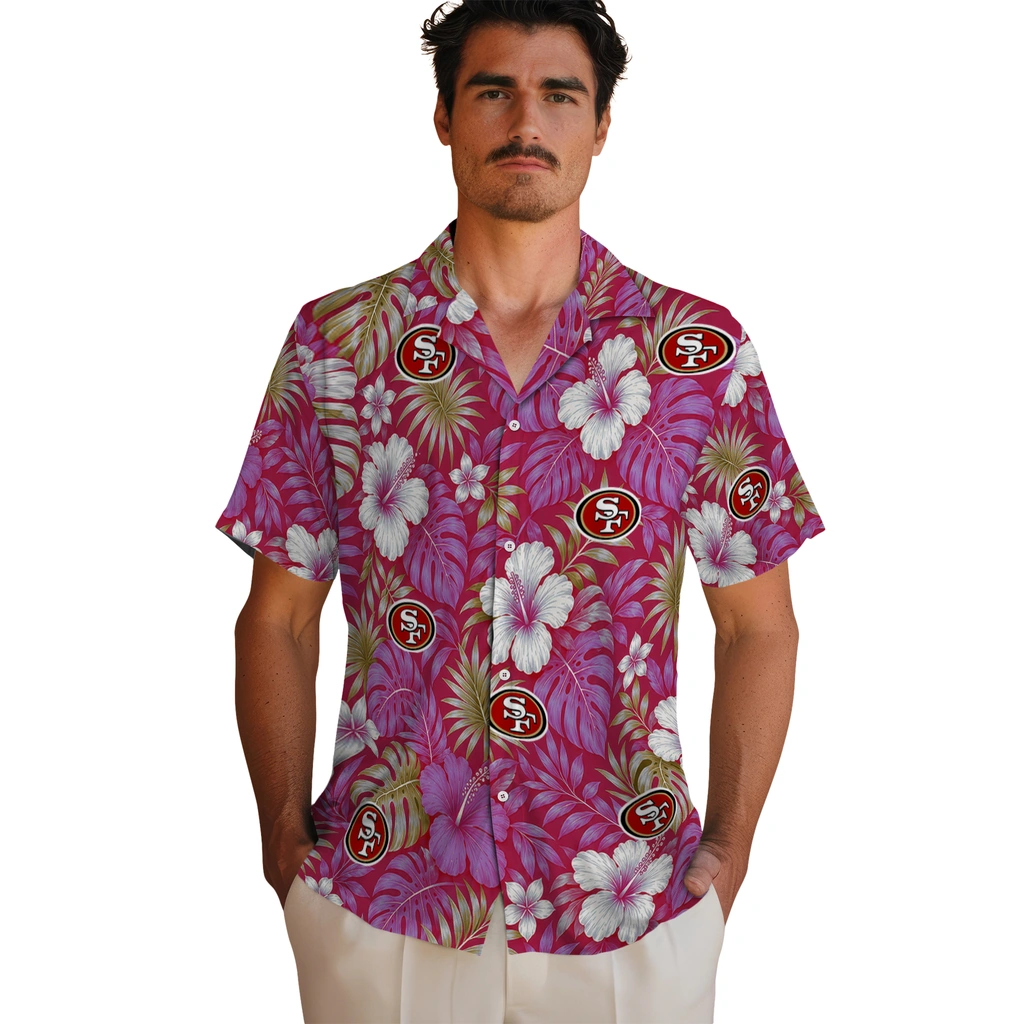 san-francisco-49ers-hawaiian-shirt-personalized-hibiscus-monstera-red-fashion-forward.webp