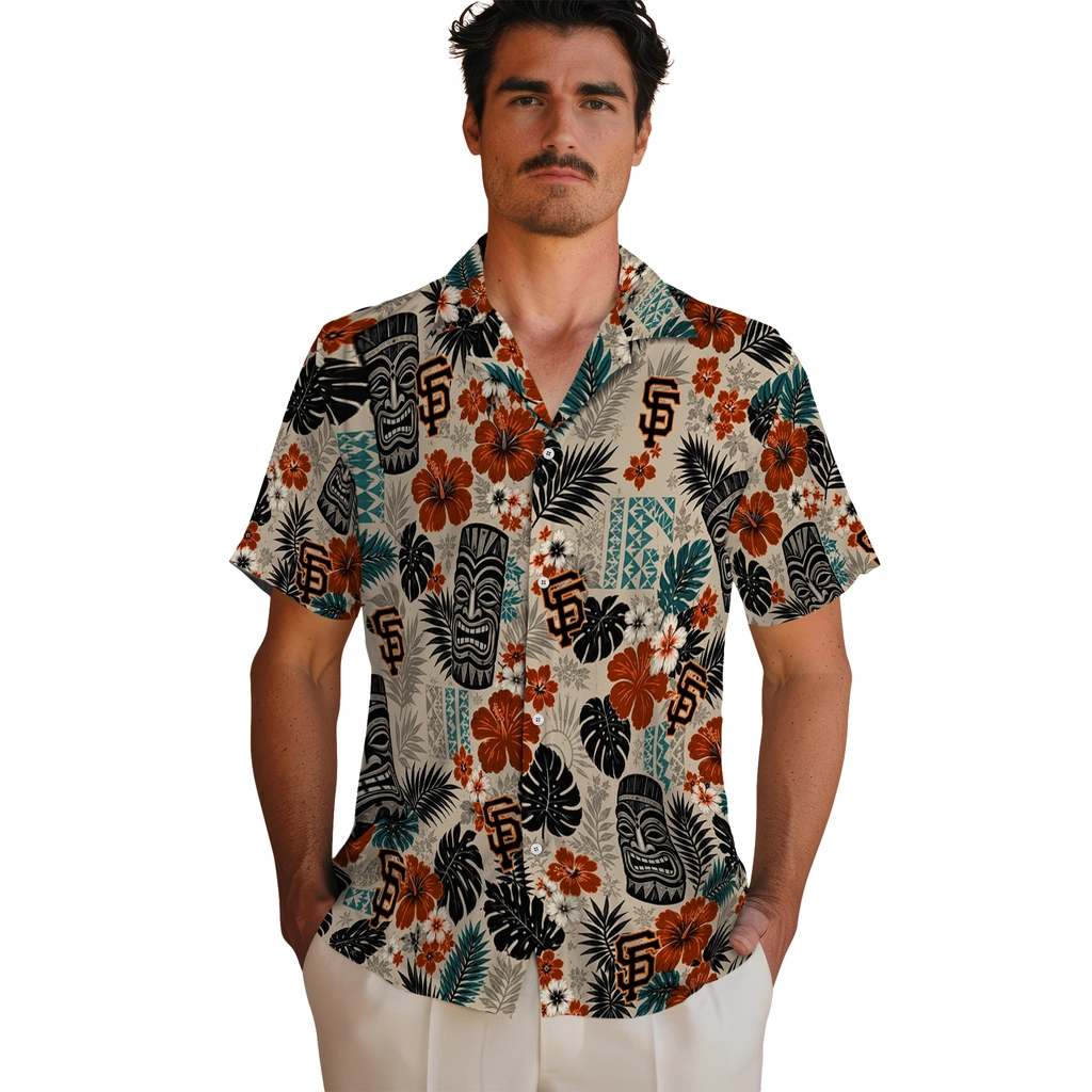 san-francisco-giants-hawaiian-shirt-customized-tiki-masks-warm-beige-fashion-forward.webp