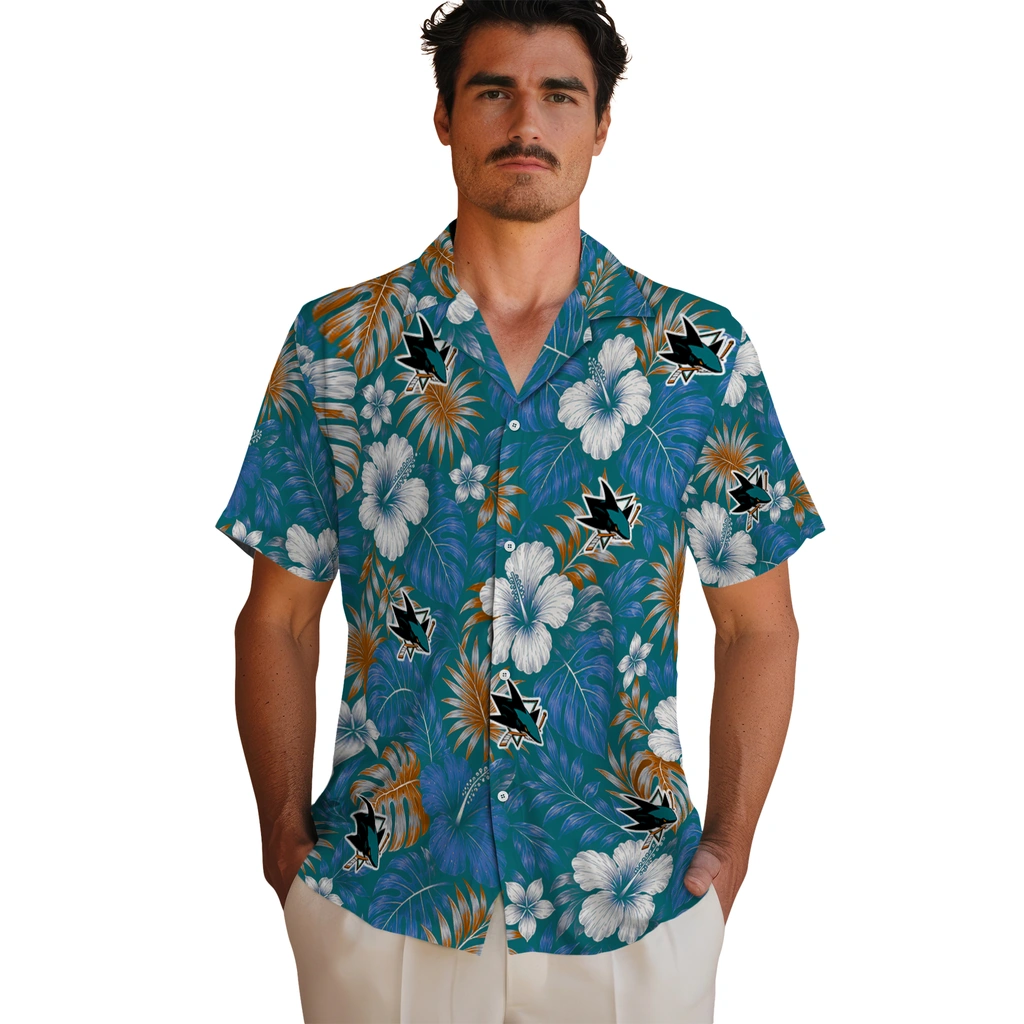 san-jose-sharks-hawaiian-shirt-custom-hibiscus-monstera-teal-fashion-forward.webp