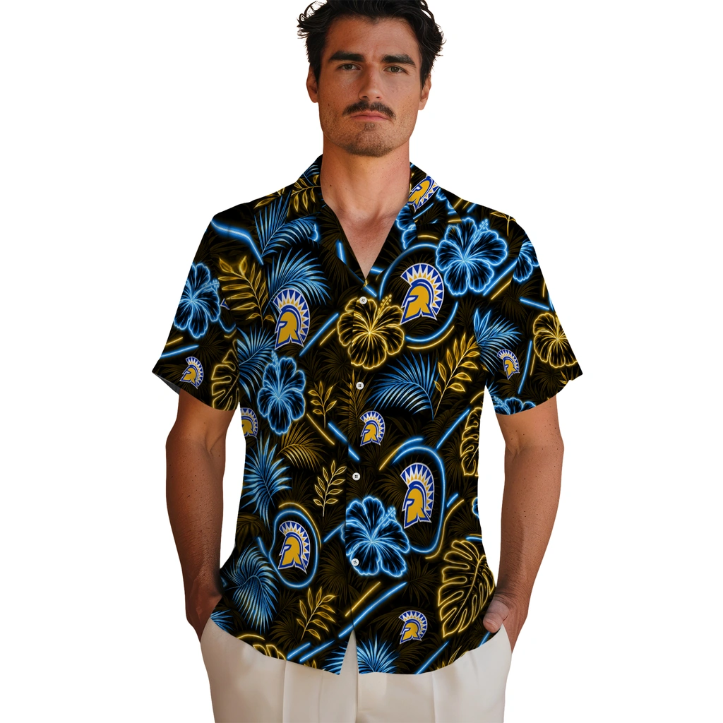san-jose-state-spartans-hawaiian-shirt-custom-neon-florals-black-fashion-forward.webp