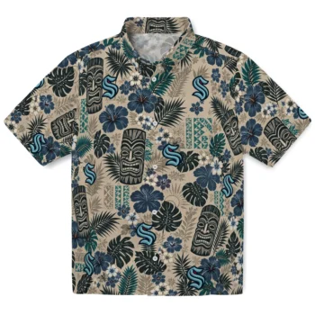 Seattle Kraken Hawaiian Shirt - Tiki Masks Warm Beige