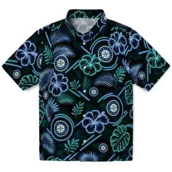 Seattle Mariners Hawaiian Shirt - Neon Florals Black