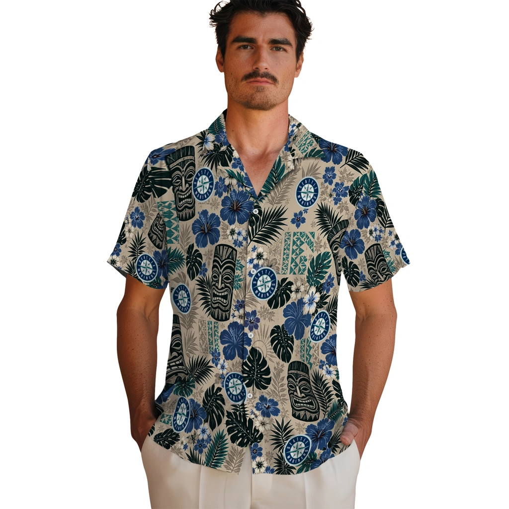 seattle-mariners-hawaiian-shirt-personalized-tiki-masks-warm-beige-fashion-forward.webp