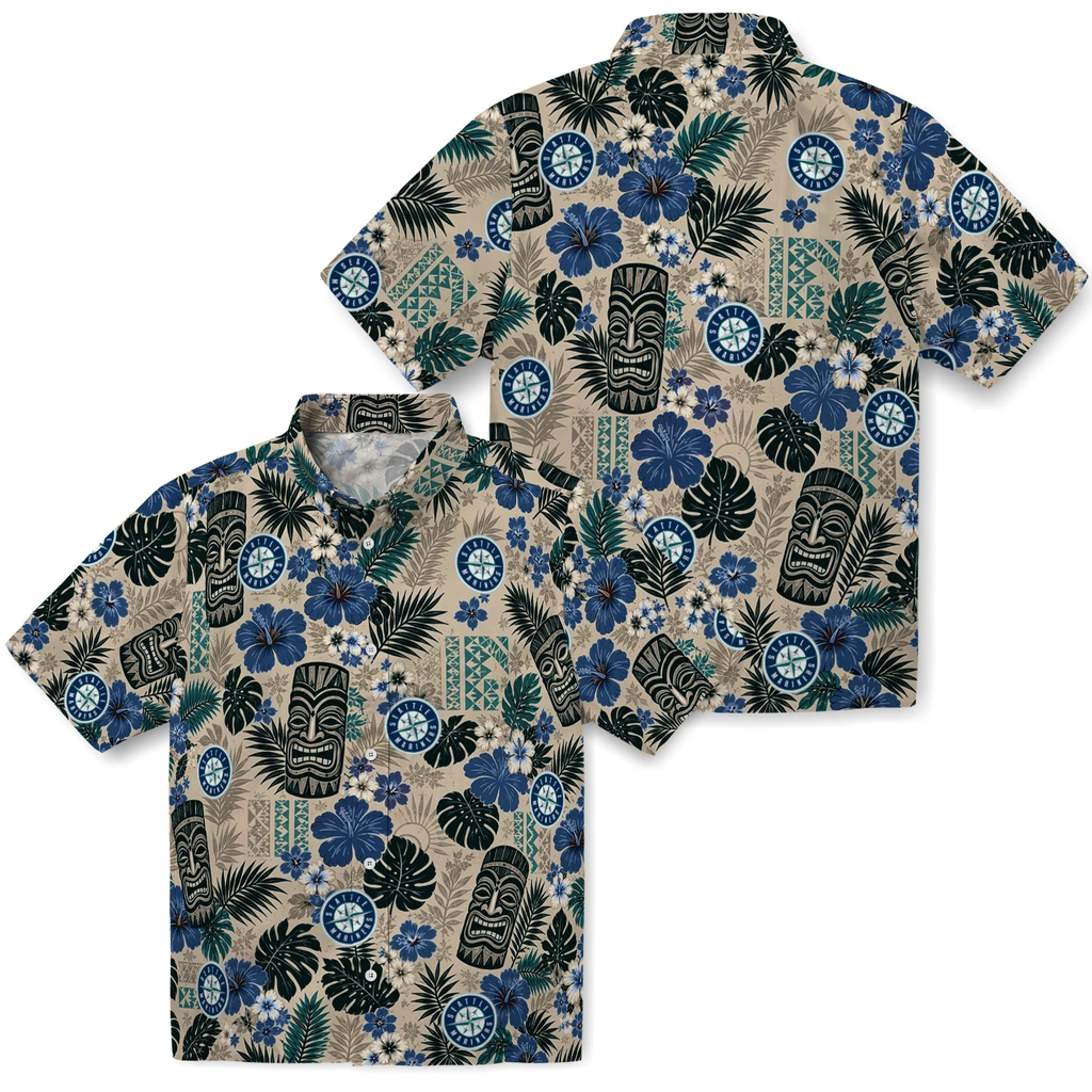seattle-mariners-hawaiian-shirt-personalized-tiki-masks-warm-beige-high-quality.webp