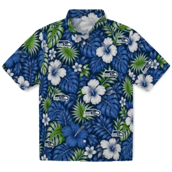 Seattle Seahawks Hawaiian Shirt - Hibiscus Monstera Blue