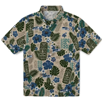 Seattle Seahawks Hawaiian Shirt - Tiki Masks Warm Beige