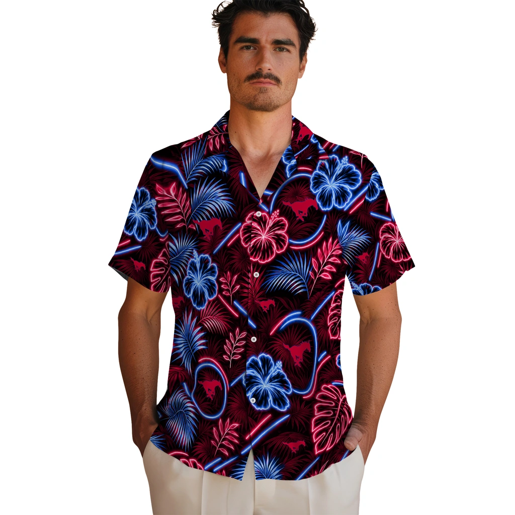 smu-mustangs-hawaiian-shirt-custom-neon-florals-black-fashion-forward.webp