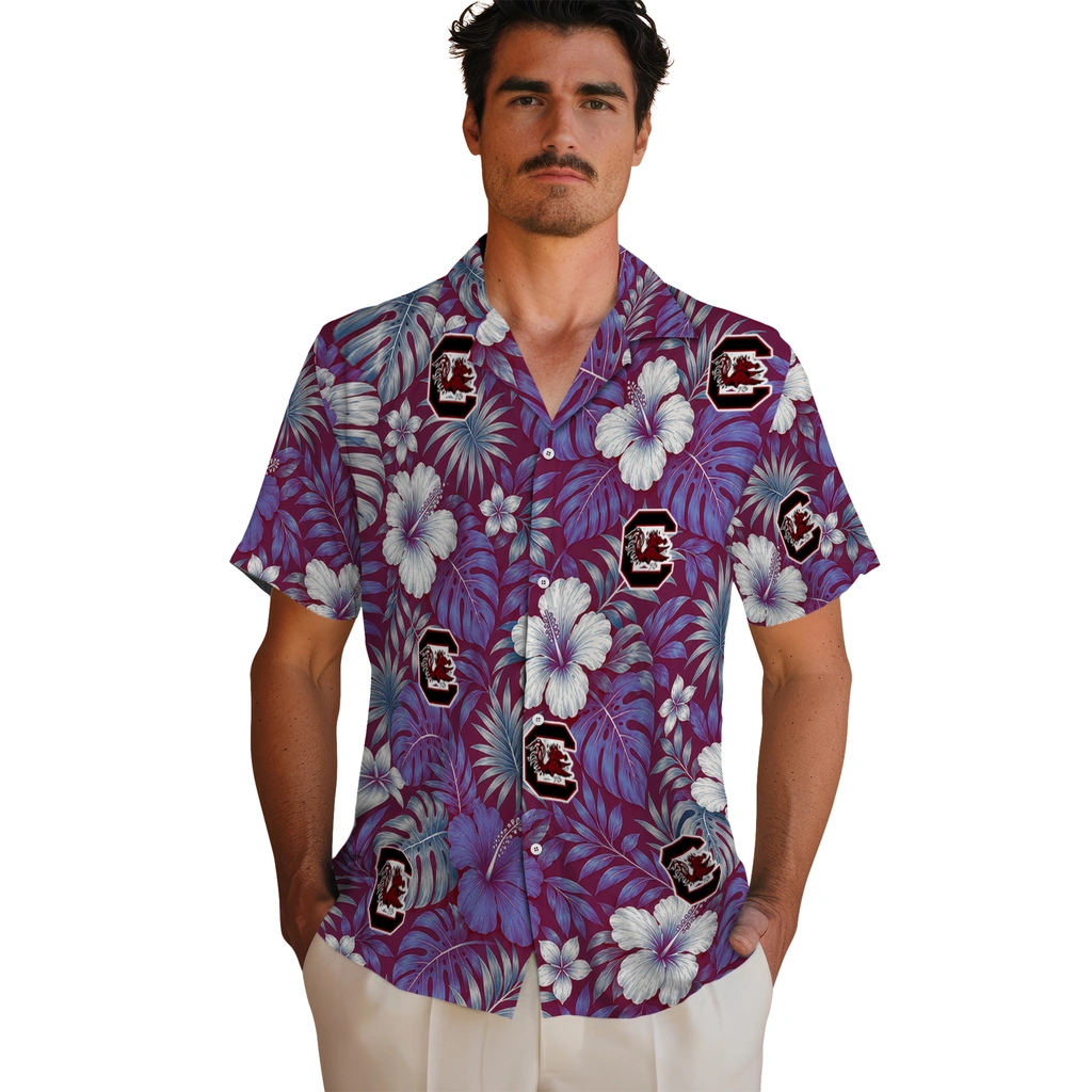 south-carolina-gamecocks-hawaiian-shirt-customized-hibiscus-monstera-garnet-fashion-forward.webp