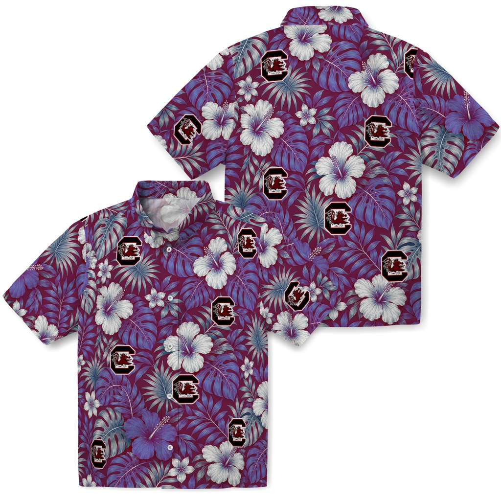 south-carolina-gamecocks-hawaiian-shirt-customized-hibiscus-monstera-garnet-high-quality.webp