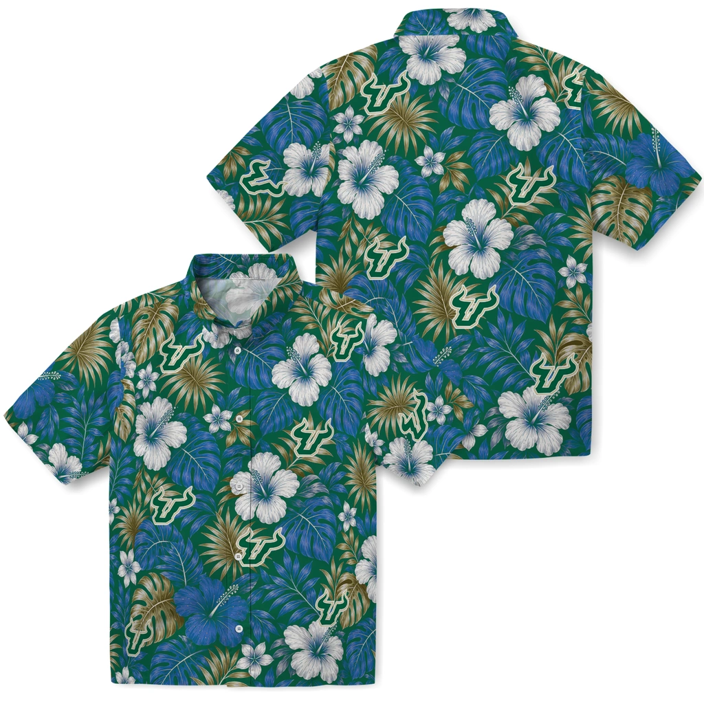 south-florida-bulls-hawaiian-shirt-customized-hibiscus-monstera-green-high-quality.webp