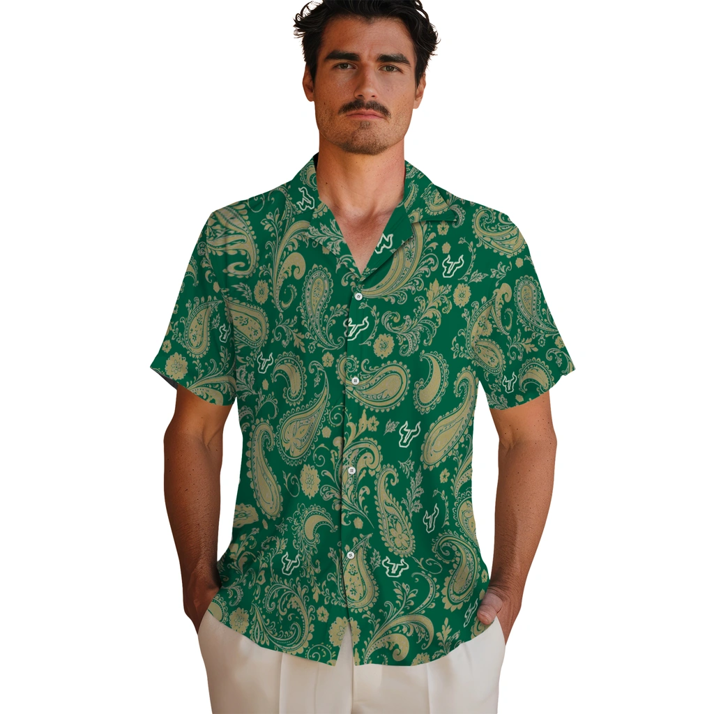 south-florida-bulls-hawaiian-shirt-personalized-paisley-print-green-fashion-forward.webp