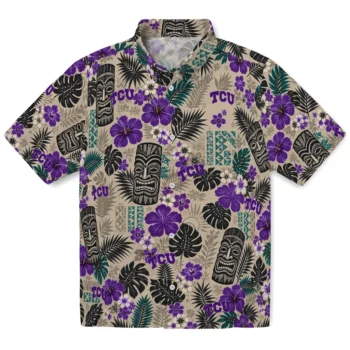 TCU Horned Frogs Hawaiian Shirt - Tiki Masks Warm Beige