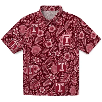 Temple Owls Hawaiian Shirt - Crystal Foliage Red
