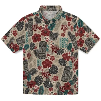 Texas A&M Aggies Hawaiian Shirt - Tiki Masks Warm Beige